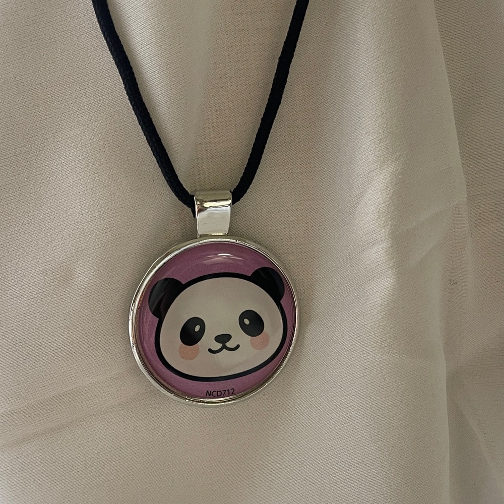 Panda Face pendant necklace with adjustable black cord.
